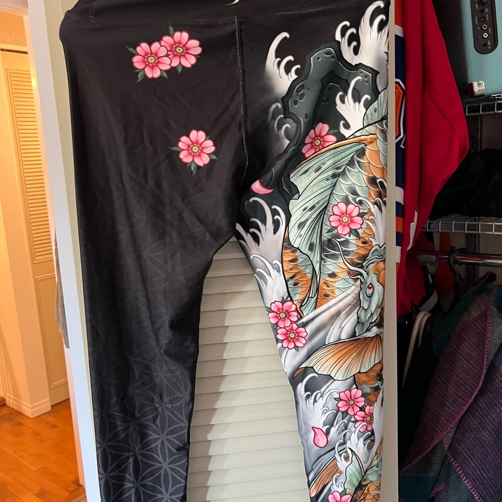 Floral and Koi Fish Black Leggings